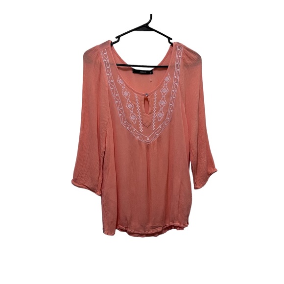 J Roberts Pink Embroidered Boho Brushed Cotton Peasant Keyhole Top Womens Size M - Picture 1 of 10